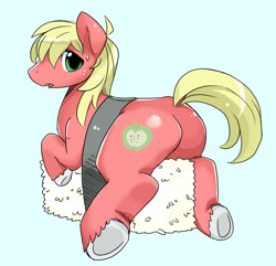 Size: 900x866 | Tagged: safe, artist:shepherd0821, big macintosh, earth pony, pony, basashi, big backintosh, food, looking back, male, meat, open mouth, plot, prone, solo, stallion, sushi, sushi pony, sweatdrop, underhoof