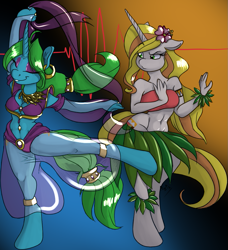 Size: 851x935 | Tagged: safe, artist:astrofenn, artist:clexyoshi, oc, oc only, oc:tiki tempest, oc:wishy washy, anthro, unguligrade anthro, unicorn, bandeau, belly button, belly dancer, clothes, dancing, flower, grass skirt, hawaiian flower in hair, hula, leaf skirt, midriff, skirt