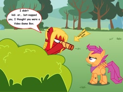 Size: 1280x960 | Tagged: artist needed, dead source, safe, scootaloo, oc, robot pony, bush, dialogue, ear piercing, scootabot, speech bubble, text, toilet paper roll, tree, wings