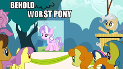 Size: 960x540 | Tagged: safe, derpibooru import, edit, edited screencap, screencap, bon bon, carrot top, diamond tiara, golden harvest, lemon hearts, sweetie drops, applebuck season, 1000 years in photoshop, meme, tiarabuse, worst pony