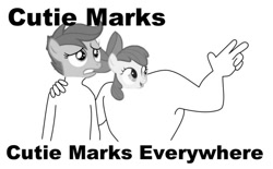 Size: 960x595 | Tagged: safe, derpibooru import, apple bloom, scootaloo, grayscale, meme, x x everywhere