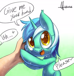 Size: 2545x2610 | Tagged: safe, artist:jggjqm522, derpibooru import, lyra heartstrings, human, pony, unicorn, cute, dialogue, female, fourth wall, hand, hand fetish, human fetish, humie, lyrabetes, open mouth, sparkles, sweat, that pony sure does love hands