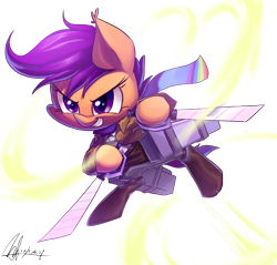 Size: 4228x4041 | Tagged: safe, artist:jggjqm522, derpibooru import, scootaloo, 3d maneuver gear, absurd resolution, crossover, solo