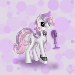 Size: 2000x2000 | Tagged: safe, artist:alicekvartersson, derpibooru import, sweetie belle, magic, microphone, older, solo