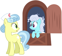 Size: 6000x5397 | Tagged: safe, artist:masem, derpibooru import, nurse coldheart, nurse snowheart, screw loose, earth pony, pony, just for sidekicks, absurd resolution, confused, door, duo, duo female, female, mare, simple background, transparent background, vector