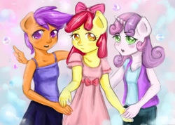 Size: 2397x1705 | Tagged: safe, artist:corelle-vairel, derpibooru import, apple bloom, scootaloo, sweetie belle, anthro, cutie mark crusaders, human facial structure