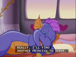 Size: 640x480 | Tagged: safe, master kenbroath gilspotten heathspike, spike, dragon, g3, the princess promenade, hilarious in hindsight, princess, sleepy, subtitles