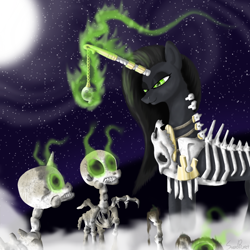 Size: 1000x1000 | Tagged: safe, artist:steedburst, derpibooru import, oc, oc only, horn jewelry, horn ring, jewelry, magic, necromancy, skeleton, solo, sombra eyes