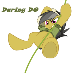 Size: 800x800 | Tagged: safe, artist:30clock, daring do, action pose, belly, clothes, daring dorable, featureless crotch, feminism, hooves, low angle, pith helmet, pixiv, rope, shirt, simple background, solo, swinging, underhoof, vine swinging