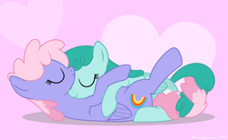 Size: 3316x2037 | Tagged: safe, artist:bluemeganium, derpibooru import, rainbowshine, spring melody, sprinkle medley, cuddling, cute, eyes closed, female, heart, intertwined tails, lesbian, love, shipping, snuggling, sprinkleshine