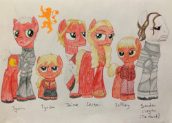 Size: 1024x730 | Tagged: safe, artist:qemma, derpibooru import, :, a song of ice and fire, annoyed, armor, beard, bedroom eyes, cersei lannister, clothes, dress, eye contact, facial hair, family photo, frown, game of thrones, glare, jaime lannister, jewelry, joffrey baratheon, lidded eyes, looking at each other, necklace, ponified, raised hoof, sandor clegane, smiling, smirk, the hound, traditional art, tyrion lannister, tywin lannister, unamused