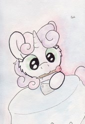 Size: 732x1072 | Tagged: safe, artist:slightlyshade, sweetie belle, unicorn, female, filly, heart, letter, mouth hold, solo, traditional art