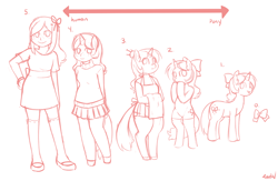 Size: 1280x832 | Tagged: safe, artist:redintravenous, derpibooru import, oc, oc only, oc:red ribbon, anthro, pony, anthro chart, anthro with ponies, apron, bipedal, clothes, freckles, humanized, line-up, ribbon, skirt, socks