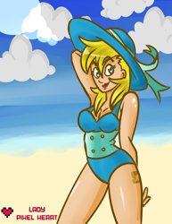 Size: 1024x1325 | Tagged: safe, artist:ladypixelheart, derpibooru import, oc, oc only, oc:ticket, beach, clothes, humanized, one-piece swimsuit, solo, swimsuit