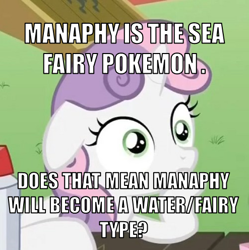 Size: 494x495 | Tagged: safe, derpibooru import, edit, edited screencap, screencap, sweetie belle, pony, unicorn, ponyville confidential, female, filly, horn, image macro, manaphy, meme, pokémon, pokémon x and y, solo, sudden clarity sweetie belle, text, two toned mane, white coat, wide eyes