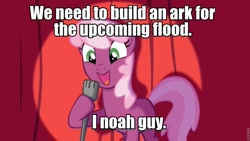 Size: 960x540 | Tagged: safe, cheerilee, earth pony, pony, bible, cheerilee pun, curtain, exploitable meme, female, green eyes, mare, meme, microphone, noah, open mouth, pun, smiling, solo, spotlight, text, two toned mane, two toned tail