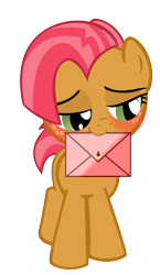 Size: 1024x1771 | Tagged: safe, artist:purezparity, derpibooru import, babs seed, earth pony, pony, blushing, crush, female, filly, letter, mouth hold, simple background, solo, transparent background, vector