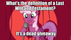 Size: 960x540 | Tagged: safe, cheerilee, earth pony, pony, cheerilee pun, curtain, exploitable meme, female, green eyes, mare, meme, microphone, open mouth, pun, smiling, solo, spotlight, text, two toned mane, two toned tail