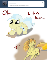 Size: 500x643 | Tagged: safe, artist:gavalanche, ambrosia, braeburn, cindy block, ask, tumblr