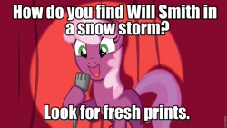 Size: 960x540 | Tagged: safe, cheerilee, earth pony, pony, cheerilee pun, curtain, exploitable meme, female, green eyes, mare, meme, microphone, open mouth, pun, smiling, solo, spotlight, text, the fresh prince of bel-air, two toned mane, two toned tail, will smith