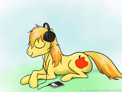 Size: 640x482 | Tagged: safe, artist:el-yeguero, derpibooru import, braeburn, headphones, ipod