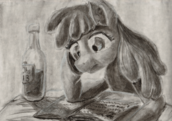 Size: 1600x1128 | Tagged: safe, artist:obsequiosity, derpibooru import, berry punch, berryshine, book, monochrome, reading, solo, traditional art