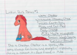 Size: 1448x1030 | Tagged: safe, artist:bennodatheninjawolf, chester bennington, lined paper, linkin park, out of character, ponified, text, traditional art