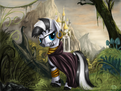 Size: 900x675 | Tagged: safe, artist:daffydream, derpibooru import, zecora, zebra, canterlot, cloak, clothes, scenery, solo, tree, waterfall