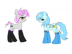 Size: 500x375 | Tagged: safe, artist:moon petals, derpibooru import, oc, oc only, oc:moon petals, oc:sunshine smiles, pegasus, pony, unicorn, clothes, socks