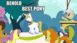 Size: 960x540 | Tagged: safe, derpibooru import, edit, edited screencap, screencap, caramel, carrot top, golden harvest, lemon hearts, mayor mare, prince blueblood, the last roundup, behold, best pony, blatant lies, image macro, meme