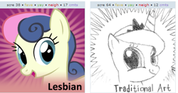 Size: 525x276 | Tagged: safe, artist:iloveportalz0r, bon bon, princess luna, sweetie drops, alicorn, pony, derpibooru, exploitable meme, female, juxtaposition, juxtaposition win, lesbian, spoilered image joke, traditional art, twiface