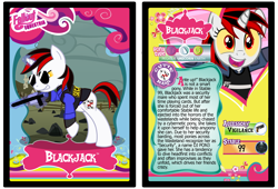 Size: 3100x2110 | Tagged: safe, artist:rinmitzuki, oc, oc only, oc:blackjack, pony, unicorn, fallout equestria, fallout equestria: project horizons, text, trading card