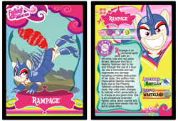Size: 3100x2110 | Tagged: safe, artist:rinmitzuki, oc, oc only, oc:rampage, zebra, fallout equestria, fallout equestria: project horizons, armor, armored pony, barbed wire, female, kick, mare, smiling, text, trading card