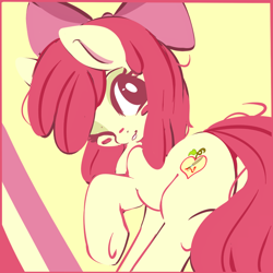 Size: 800x800 | Tagged: dead source, safe, artist:clockworkquartet, derpibooru import, apple bloom, earth pony, pony, abstract background, alternate cutie mark, female, filly, looking at you, looking back, looking back at you, one eye closed, plot, raised hoof, rear view, smiling, solo, underhoof, wink