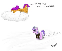 Size: 981x815 | Tagged: safe, artist:furor1, derpibooru import, diamond tiara, scootaloo, earth pony, pegasus, pony, cloud, scootaloo can fly, scootiara, shipping, snow