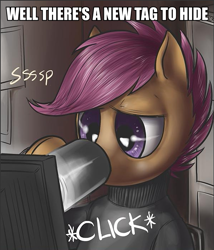 Size: 601x701 | Tagged: safe, artist:aphexangel, edit, scootaloo, caption, computer, exploitable meme, stalkerloo, tags