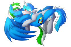 Size: 1280x851 | Tagged: safe, artist:oddends, oc, oc only, oc:blue frost, oc:burnout, pegasus, pony, unicorn, advertisement, blushing, gay, male, open mouth, shipping, smiling, snuggling, ych result