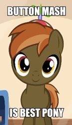 Size: 214x369 | Tagged: safe, derpibooru import, button mash, earth pony, pony, best pony, colt, foal, hat, image macro, male, meme, propeller hat, smiling, solo, text