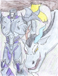 Size: 785x1017 | Tagged: safe, artist:frostedicefire, derpibooru import, discord, crossover, megatron, traditional art, transformers, transformers prime