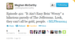 Size: 531x308 | Tagged: safe, season 4, april fools, it ain't easy being cheesy, meghan mccarthy, text, trolling, twitter