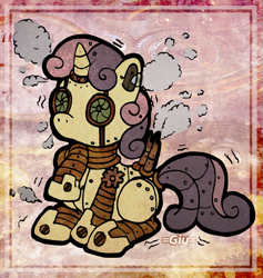 Size: 947x1000 | Tagged: safe, artist:juliekarbon, derpibooru import, sweetie belle, sweetie bot, pony, robot, robot pony, unicorn, blank flank, female, filly, foal, hooves, horn, sitting, solo, steam, steampunk