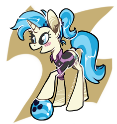 Size: 506x538 | Tagged: safe, artist:luga12345, allie way, pony, unicorn, blushing, bowling ball, female, mare, solo