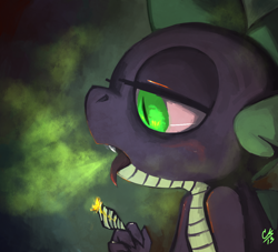 Size: 1100x1000 | Tagged: safe, artist:heavy-weight, derpibooru import, spike, dragon, dark, drugs, glow, high, joint, marijuana, solo, stoner spike