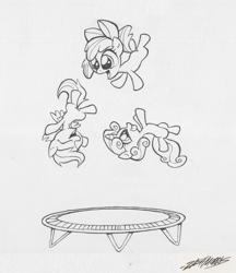 Size: 1000x1155 | Tagged: safe, artist:willdrawforfood1, derpibooru import, apple bloom, scootaloo, sweetie belle, cutie mark crusaders, monochrome, traditional art, trampoline