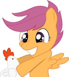 Size: 604x677 | Tagged: safe, artist:the-croolik, scootaloo, bird, chicken, happy, simple background, smiling