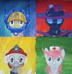 Size: 1070x1092 | Tagged: safe, artist:quiet-victories, derpibooru import, alula, dinky hooves, mare do well, nurse redheart, astronaut, clothes, costume, firefighter, hat, helmet