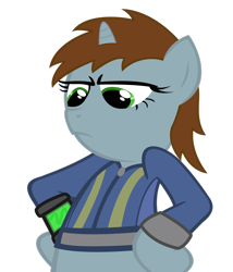 Size: 900x1050 | Tagged: safe, artist:psalmie, derpibooru import, oc, oc only, oc:littlepip, pony, unicorn, fallout equestria, clothes, fanfic, fanfic art, female, mare, pipbuck, simple background, solo, transparent background, vault suit, vector