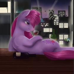 Size: 960x960 | Tagged: safe, artist:dertaii, derpibooru import, berry punch, berryshine, alcohol, city, manhattan, solo, wine