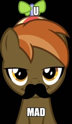 Size: 347x600 | Tagged: safe, derpibooru import, button mash, earth pony, pony, black background, button 'stache, colt, foal, hat, image macro, looking at you, male, meme, moustache, propeller hat, simple background, smiling, solo, u mad