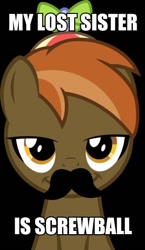 Size: 347x600 | Tagged: safe, derpibooru import, button mash, screwball, earth pony, pony, black background, button 'stache, colt, foal, hat, image macro, male, meme, moustache, propeller hat, simple background, smiling, solo, text